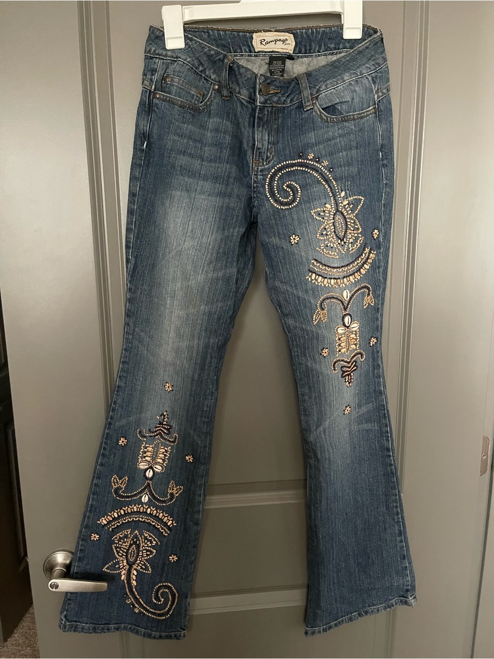Rampage Blue Denim Wide-Leg Jeans with Gold Embellishment